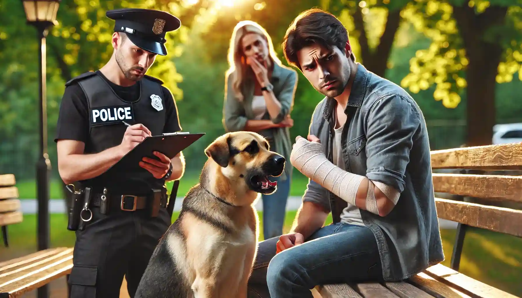 A realistic and dramatic scene showing a tense moment in a park. A person with a bandaged arm looks frustrated, clearly indicating they have been bitten by a dog. The dog owner, visibly upset, is scolding their medium-sized dog, which has a guilty expression and its ears lowered. Nearby, a police officer is taking notes on a clipboard, documenting the incident. The background features a park setting with trees and benches, under natural daylight. The overall mood captures seriousness and accountability.